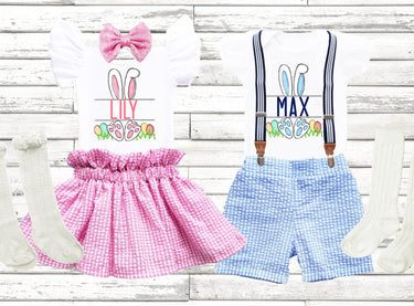Personalized Easter Seersucker Outfit: Bunny Bodysuit, Skirt & Socks