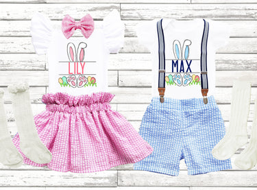 Personalized Easter Seersucker Outfit: Bunny Bodysuit, Skirt & Socks