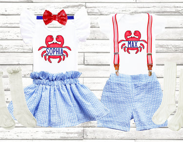 Personalized Seersucker Crab Outfit: 4th of July, Birthday