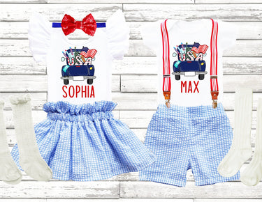 Personalized 4th of July Seersucker Outfit: Truck Design
