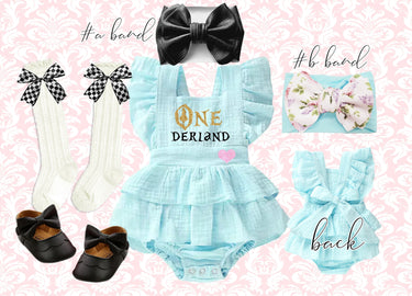 Alice ONEderland Birthday Outfit: Romper, Bow, Socks & Shoes