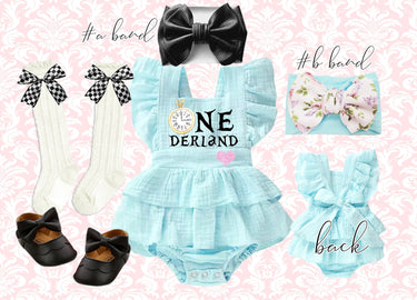 ONEderland Birthday Romper, Alice Costume with clock, Headbands & Shoes, up to 2t3t