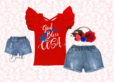 Girls 4th of July Outfit: Patriotic Denim Shorts Set