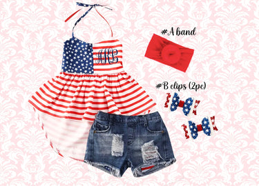 Patriotic Monogrammed Outfit: Denim Shorts, Top, Headband & Bows