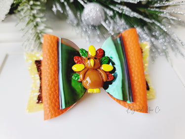 Thanksgiving Turkey Glitter Leather Bow - Alligator Clip