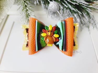 Thanksgiving Turkey Glitter Leather Bow - Alligator Clip