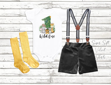 1st birthday Jungle wild one boy suspender gold black velvet short