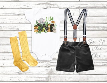 Wild One 1st Birthday Outfit: Jungle Safari, Velvet Shorts & Suspenders
