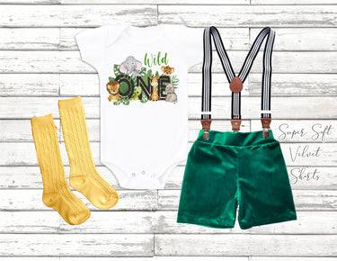 Wild One 1st Birthday Outfit: Jungle Safari Bodysuit, Velvet Shorts & Suspenders