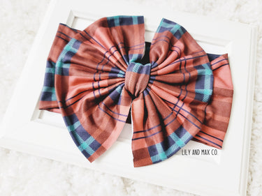 Plaid Fall Headband: brown, teal Soft Elastic Baby & Toddler Hair Bow