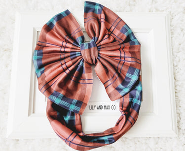 Plaid Fall Headband: brown, teal Soft Elastic Baby & Toddler Hair Bow