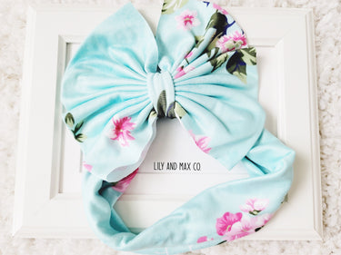 Aqua Floral Elastic Headband: Baby to Toddler Birthday