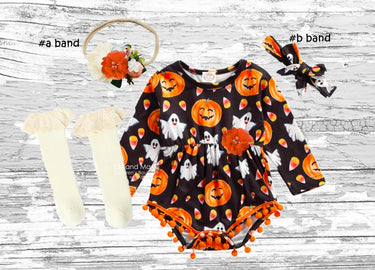 Pumpkin Ghost Baby Romper: Halloween Pom Pom Outfit