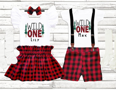 Twins 1st Birthday Outfit, Buffalo Wild One, red and black plaid short or skirt