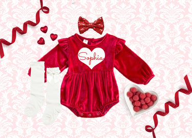 Valentine's Day Velvet Romper: Personalized Red Baby Outfit with white heart