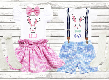Personalized Seersucker Easter Outfit: Bunny Bodysuit, Skirt, or Shorts Set