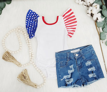USA Flag Flutter Sleeve Leotard: Cross Back Bodysuit,4th of July polyester