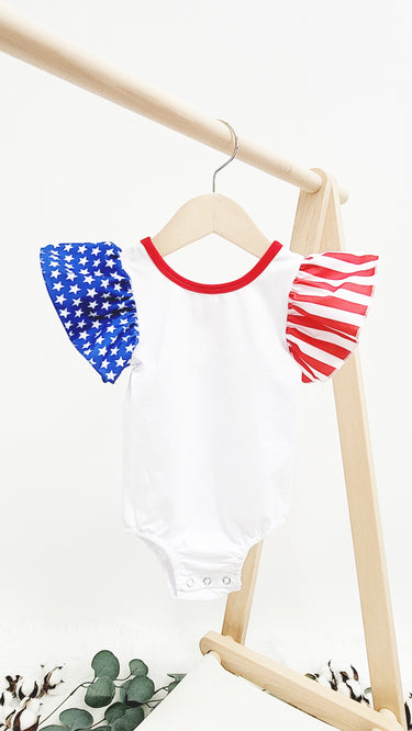 USA Flag Flutter Sleeve Leotard: Cross Back Bodysuit,4th of July polyester
