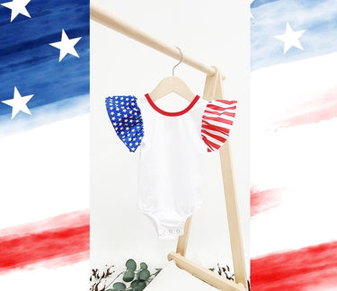 USA Flag Flutter Sleeve Leotard: Cross Back Bodysuit,4th of July polyester