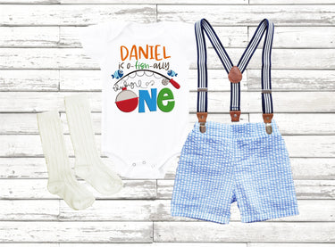 O-FISH-ALLY One Birthday Outfit Blue seersucker