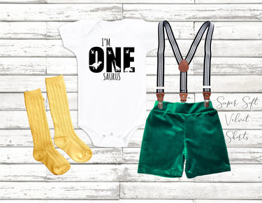 Dinosaur 1st Birthday Outfit, Velvet Shorts, Suspenders, "I'm ONE saurus" Bodysuit