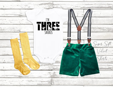 3rd Birthday Boy Outfit: Dinosaur Bodysuit, Velvet Shorts & Suspenders