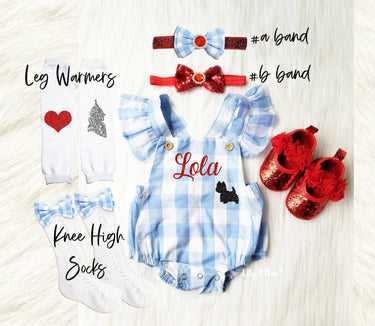 Dorothy baby Costume, Personalized Wizard of Oz romper outfit, red glitter shoes, Girls Halloween
