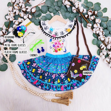 Girls Mexican Fiesta Costume: Serape Skirt, Floral Top & Handbag