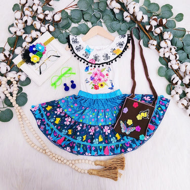 Girls Mexican Fiesta Costume: Serape Skirt, Floral Top & Handbag