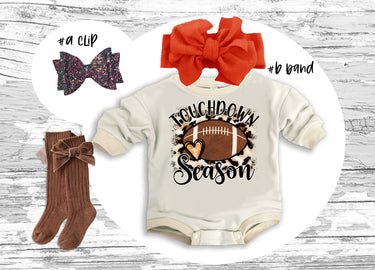 Football Game Day Baby Romper Set: Bow Clip, Headband & Socks