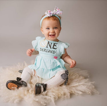 ONEderland Birthday Romper, Alice Costume with clock, Headbands & Shoes, up to 2t3t