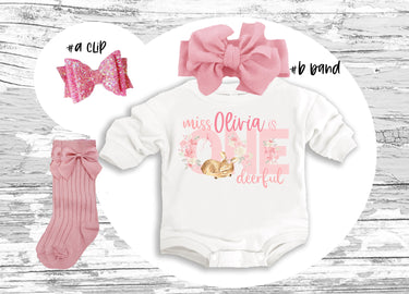 One DEERFUL 1st Birthday Outfit: Pink Romper, Bow Clip, Headband & Socks