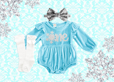 Winter Onederland Outfit: Baby Girl Silver Snowflake Velvet Romper