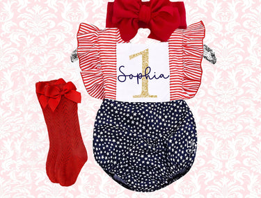 4th of July Birthday Girl Romper Set: Patriotic First Birthday Outfit