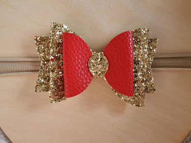 Red & Gold Glitter Christmas Bow Headband: Soft Elastic Baby-Toddler Headwear