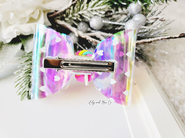 Iridescent Lollipop Bow Clip: Rainbow Alligator Hair Clip