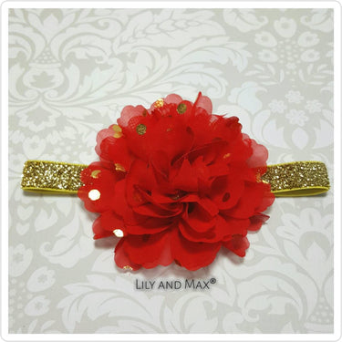 Christmas Headband: Red Gold Polka Dot Flower, Baby Toddler Headband