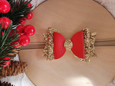 Red & Gold Glitter Christmas Bow Headband: Soft Elastic Baby-Toddler Headwear