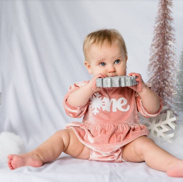 Winter Onederland Outfit: Snowflake ONE on Pink Velvet 1st birthday Romper, Headband & Socks