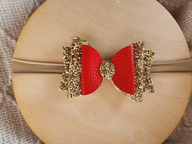 Red & Gold Glitter Christmas Bow Headband: Soft Elastic Baby-Toddler Headwear