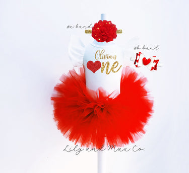 Valentine's Day Birthday Girl Outfit: Glitter heart one Leotard, red Tutu