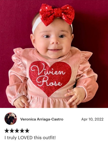 Valentine's Day Velvet Romper: Personalized Pink Baby Outfit with red heart