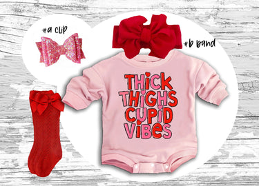 Valentines Baby Outfit: Thick Thighs Cupid Vibes Romper