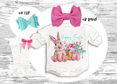 Easter Baby Outfit: Bunny Romper, Bow Clip, Headband & Socks