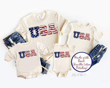 USA Baby Bodysuit: 4th of July Chenille Patch Sweatsuit