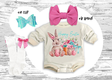 Easter Baby Outfit: Bunny Romper, Bow Clip, Headband & Socks