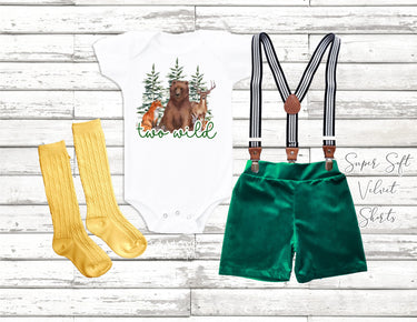 Two Wild Birthday Outfit: Jungle 2nd Birthday Boy Velvet Shorts & Suspenders