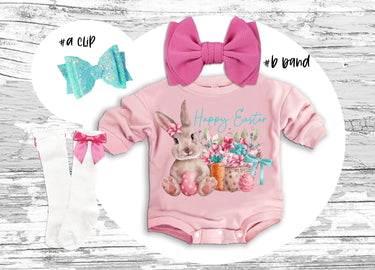 Easter Baby Outfit: Bunny Romper, Bow Clip, Headband & Socks
