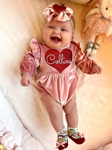 Valentine's Day Velvet Romper: Personalized Baby Outfit with Headbands & Socks