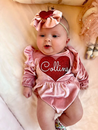 Valentine's Day Velvet Baby Romper Outfit, Monogrammed, Headband & Socks